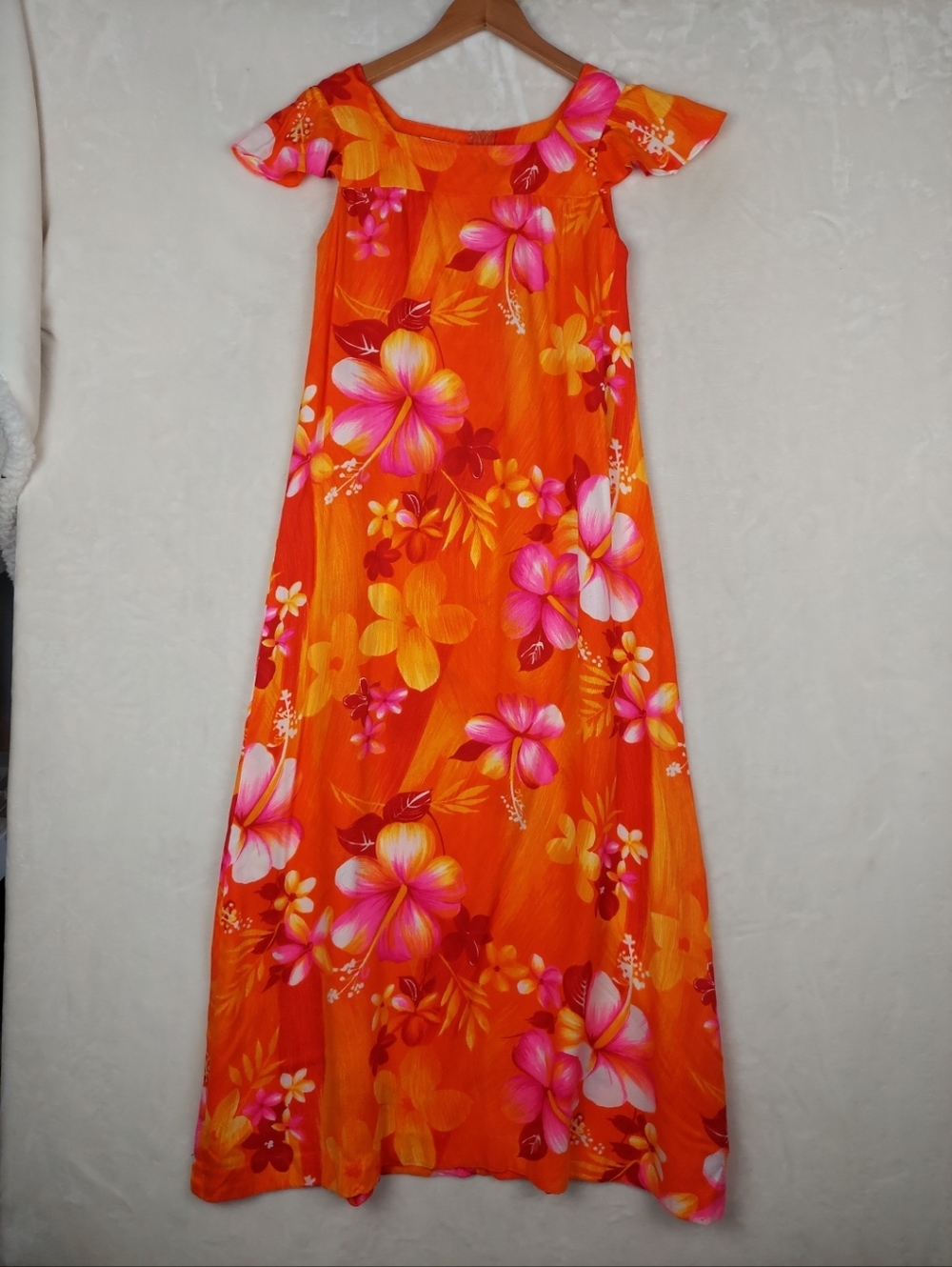 VTG 60/70s Made in Hawaii Maxi Dress 6 Orange Festival Boho Hippie Psychedelic